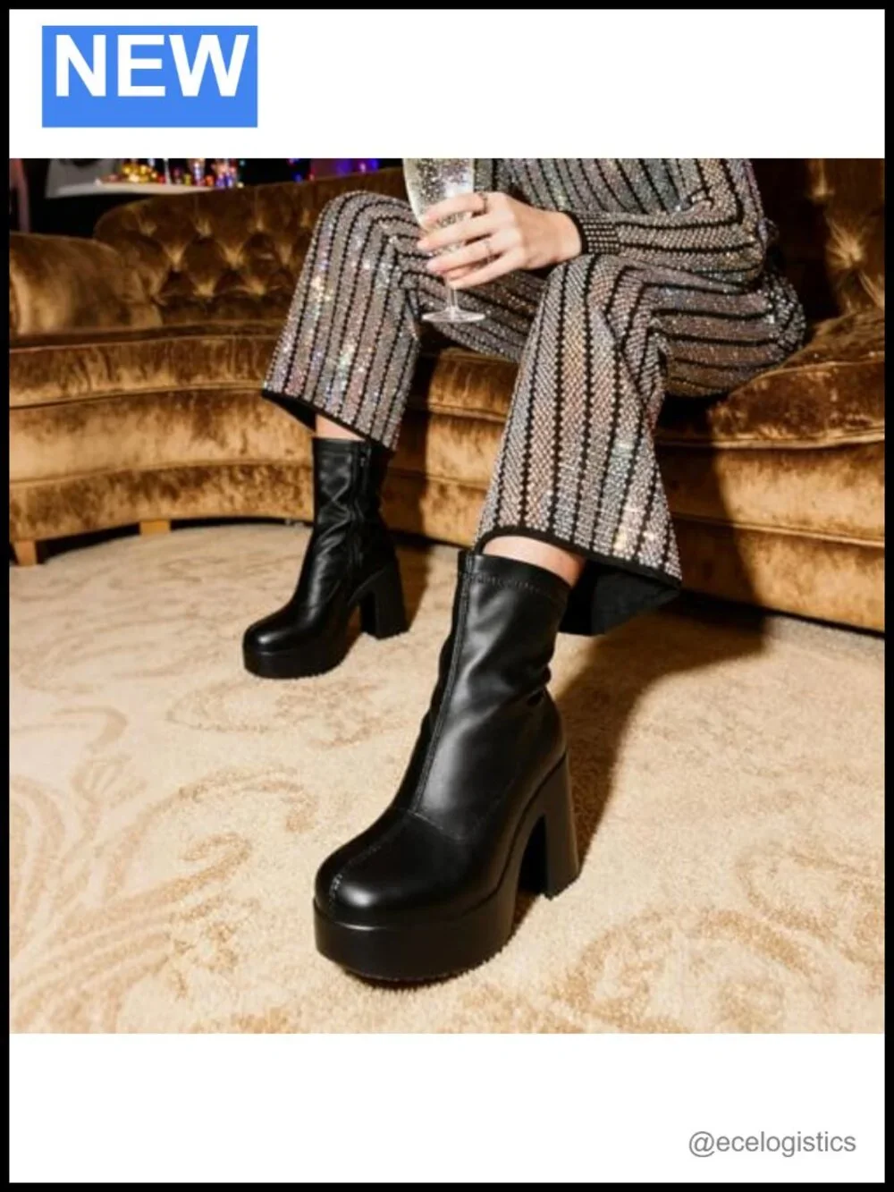 Chunky Block Heel Ankle Boots - Square Toe Platform Booties - Stretch PU Upper